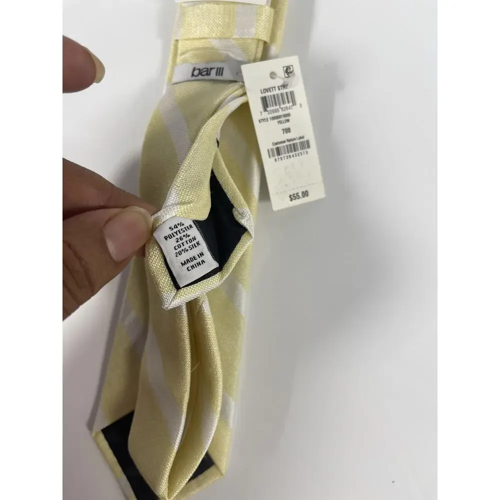 Bar III Tie Men's Yellow White Stripe Lovett Silk Blend Slim Modern Formal NWT
